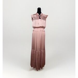 Banana Republic Womens Pink Pleated Ruffle Tie Neck Satin Maxi Dress Size 6